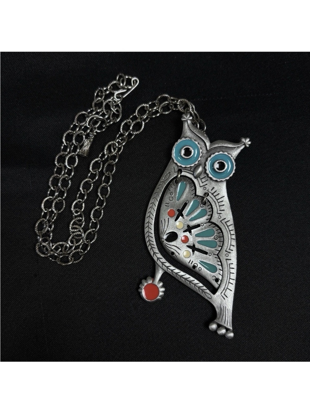 Golden Crown Owl Necklace Pewter Painted Enamel Hoot Couture 21.5" Blue Red